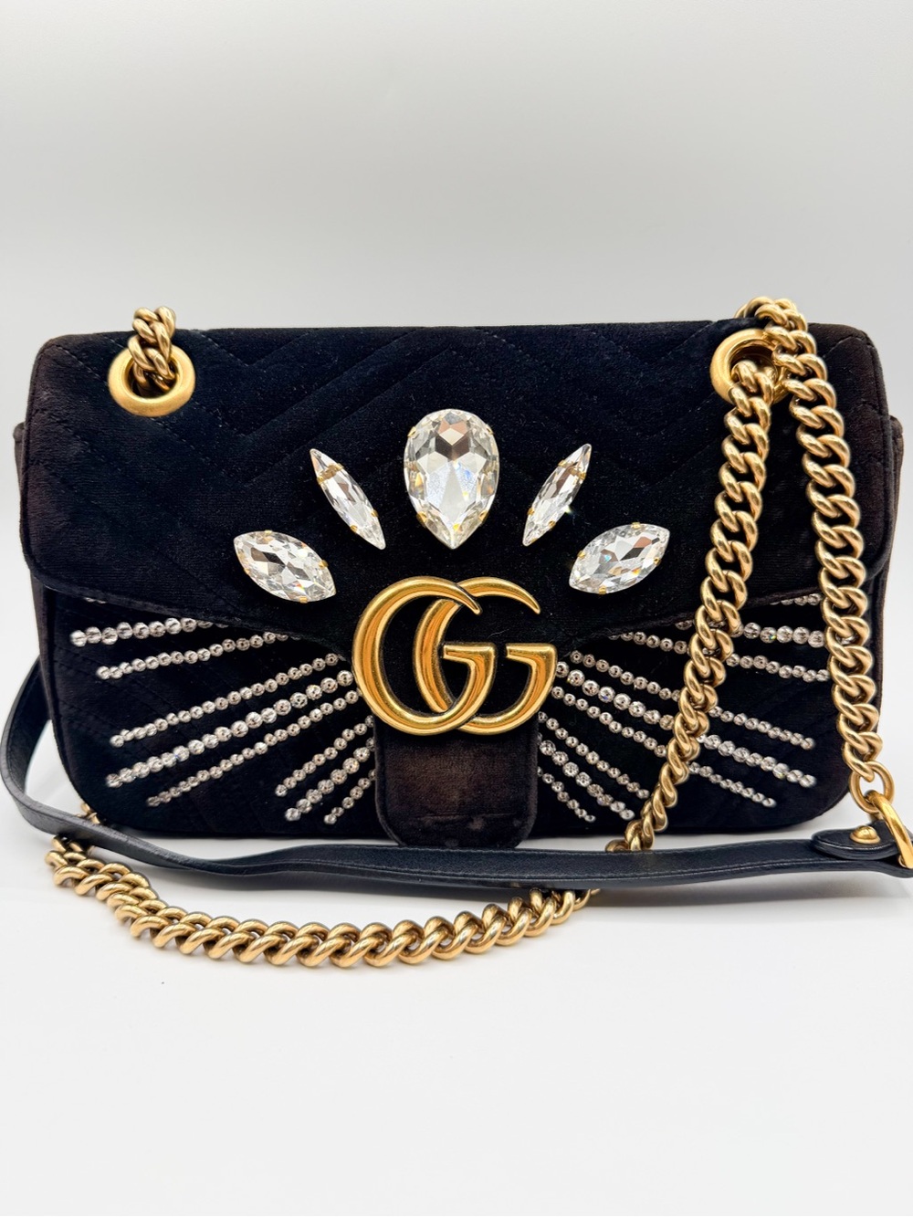 Gucci Black Velvet GG Crystal-Embellished Shoulder Bag with Gold Hardware